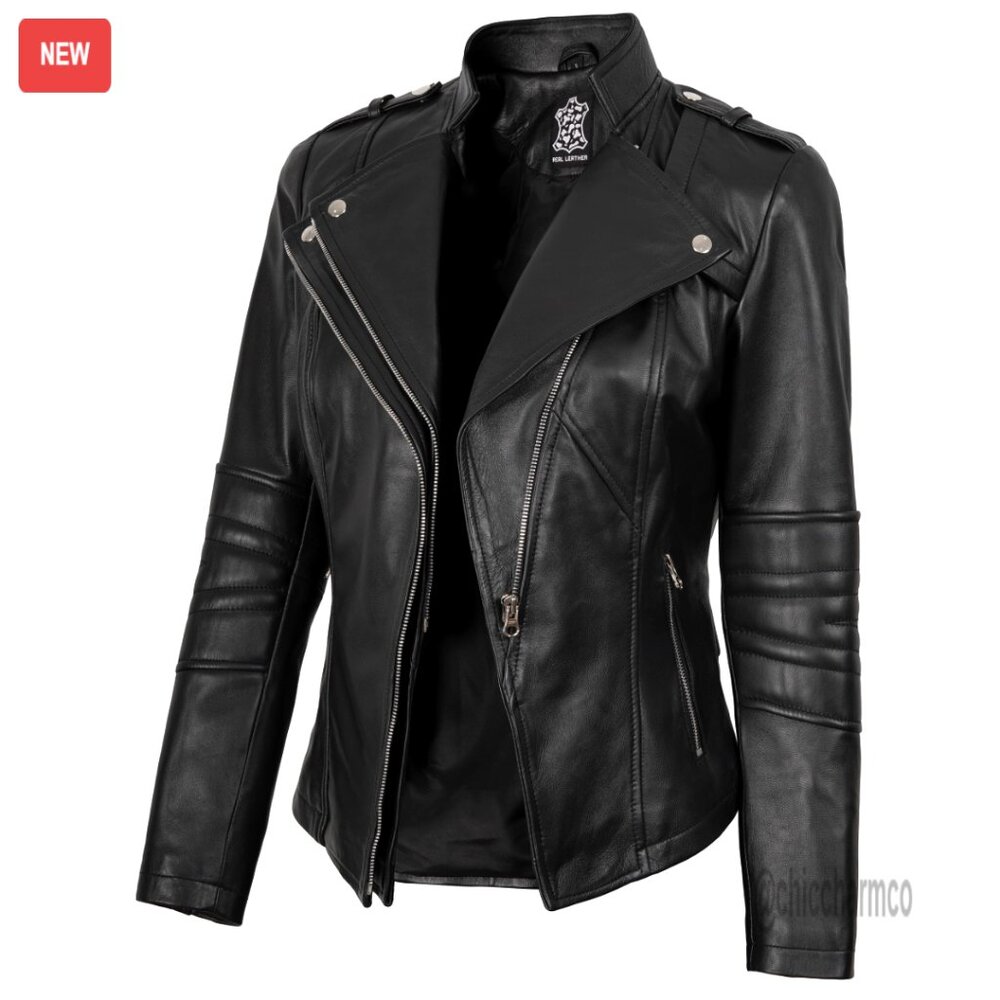 Real Lambskin Leather Moto Jacket Asymmetrical Zip Front